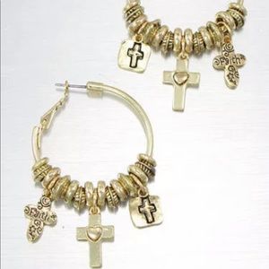 Faith Cross Charm Hoop Earrings Gold Christian